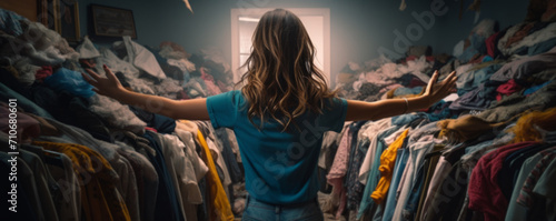 young woman in messy wardrobe at home photo