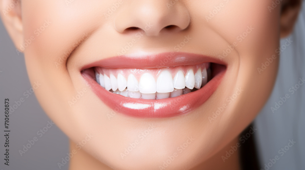 Fototapeta premium Beautiful female smile after teeth whitening procedure. Dental care. Dentistry concept.