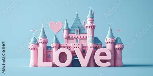 Princess Castle with the inscription "Love". Cartoon style. Text. Tower. Pink love castle with hearts, romantic theme. Valentine card. Valentine’s Day. Symbol of love. 3D image isolated on blue © Zakhariya