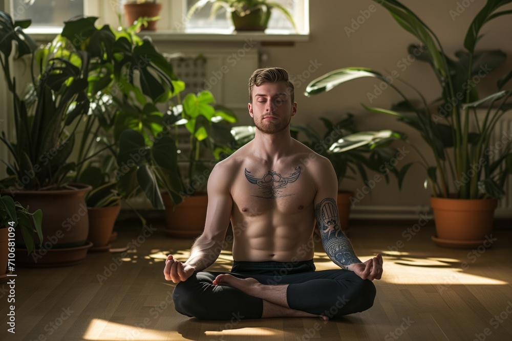 Φωτογραφία A young man in a training top t-shirt and joggers sitting in yoga asana lotus po