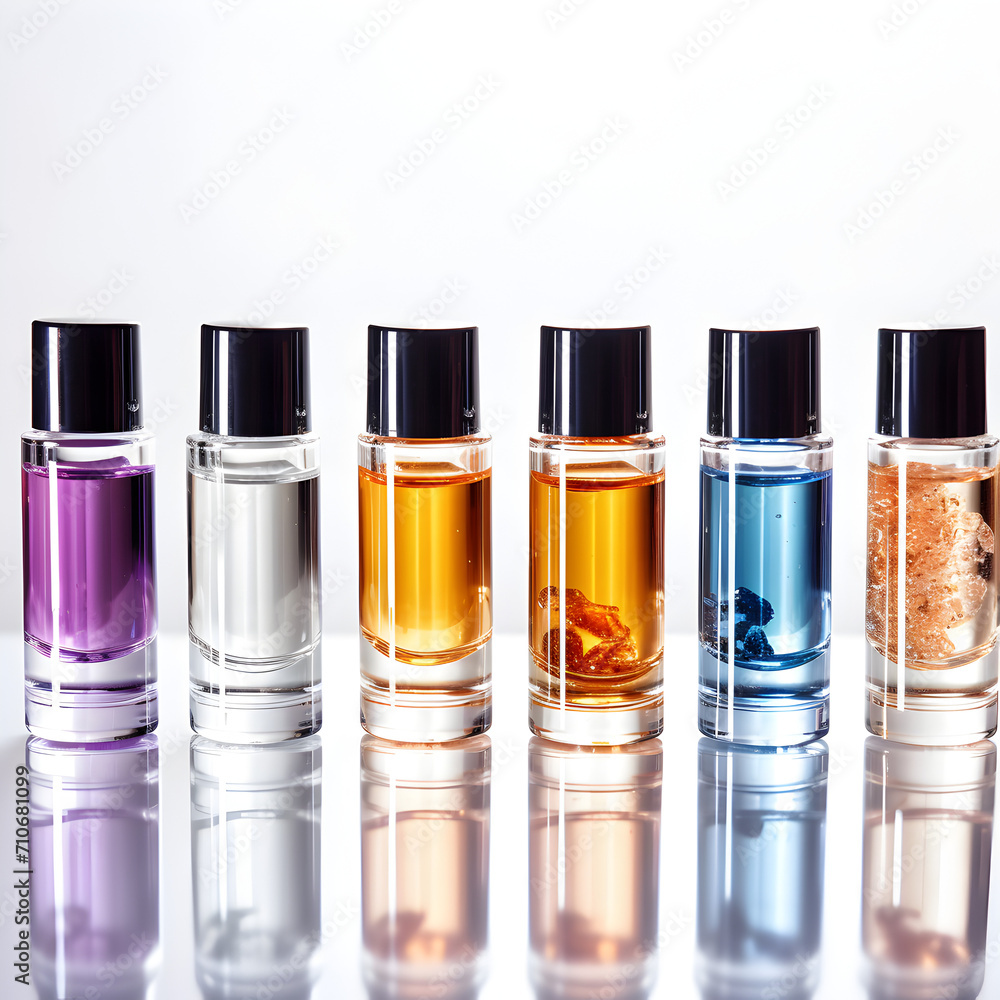 Samples of cosmetic serum on white background, closeup Samples of cosmetic serum on white background, closeup