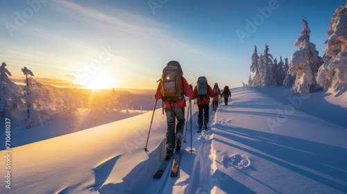Skiers touring in winter, full of snow, at sunrise under a beautfiul clear sky full of colors.  photo
