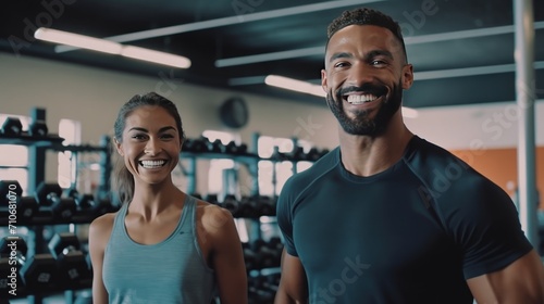 smiling woman an man with dumbbell - successful fitness studio concept. successful fitness studio