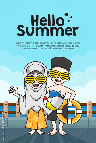 Poster happy summer with cute cartoon character of couple muslim