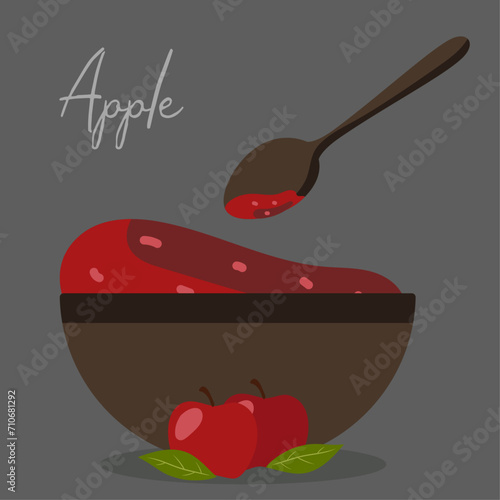 Flat Design Illustration with Apple Jam at Plate and Spoon