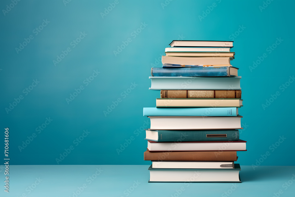 a stack of books on a table - obrazy, fototapety, plakaty 