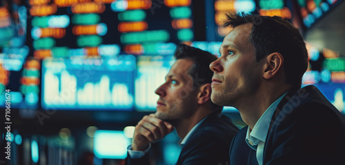  businessmen in front of a stock exchange monitor