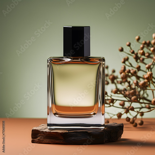 a bottle of perfume on a piece of wood