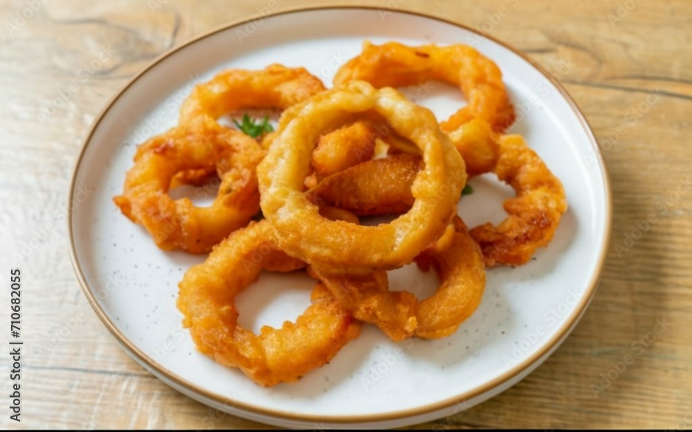 A plate with onion rings. Created with generative Ai technology. A plate with onion rings. Created with generative Ai technology.