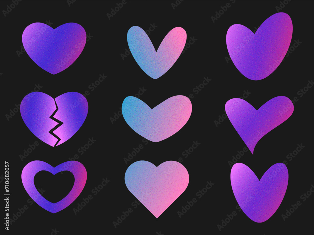 Y2k hearts stickers with grainy gradient. Retro Valentine's Day design elements