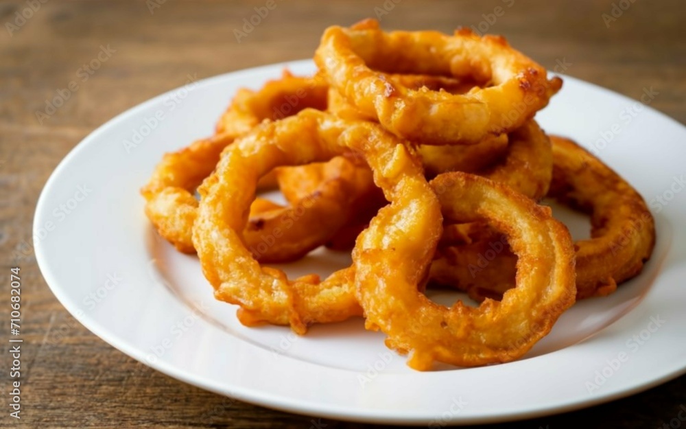 A plate with onion rings. Created with generative Ai technology. A plate with onion rings. Created with generative Ai technology.