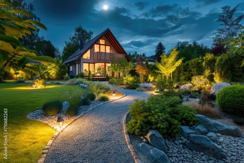 Modern house exterior at night with illuminated garden pathway and landscaping photo