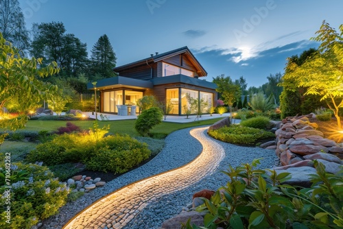 Modern house exterior at night with illuminated garden pathway and landscaping