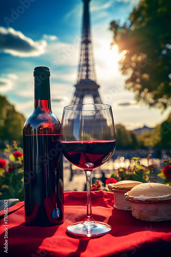 a bottle of wine and a glass of wine on a table with a tower in the background