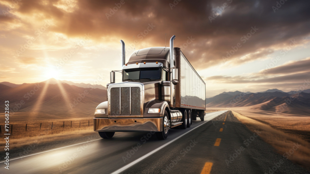 A semi-truck with a cargo trailer drives along the highway, transporting cargo in the evening. Delivery and logistics concept. Transportation of goods over long distances.