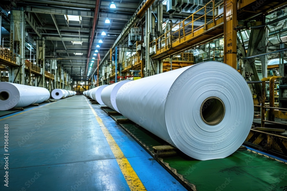 Obraz premium Industrial paper rolls in a manufacturing plant warehouse