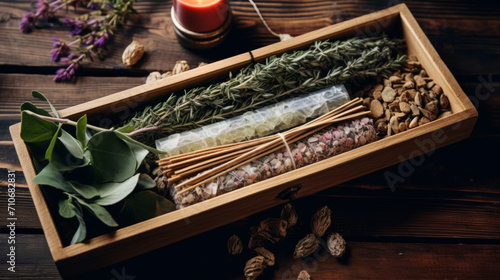 Beautiful esoteric and mystical altar for meditation with crystals and semi-precious stones