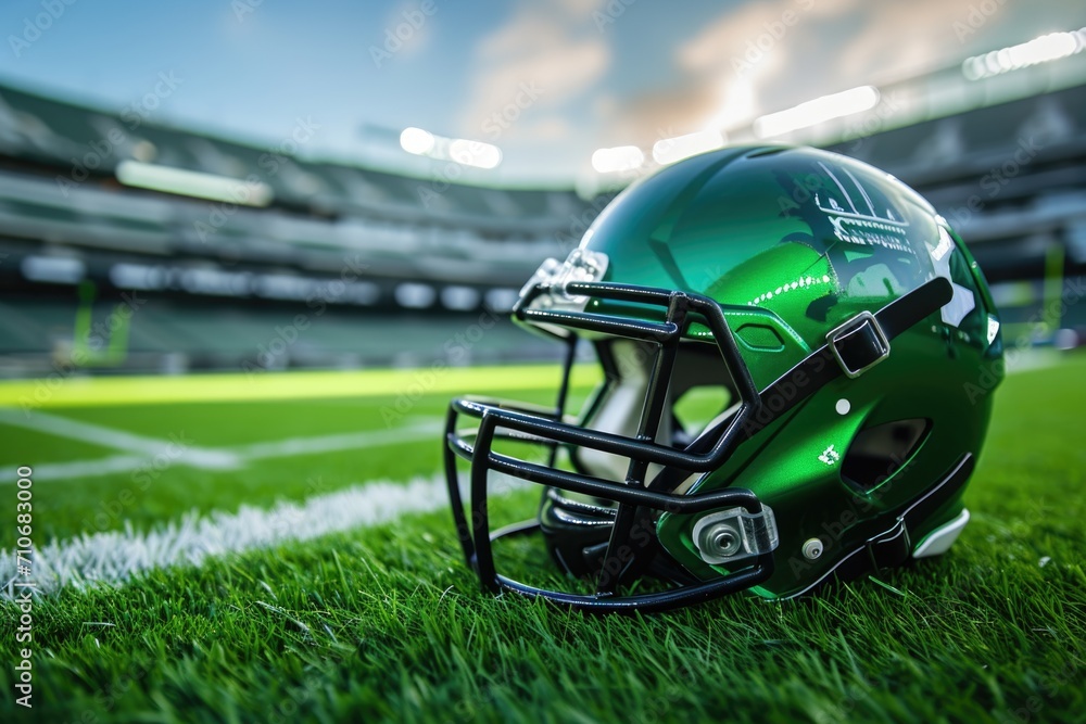 American football helmet on the pitch in stadium American football helmet on the pitch in stadium