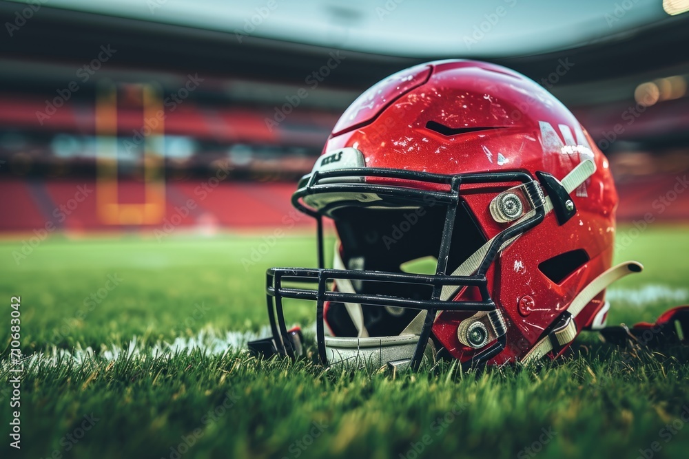Fototapeta premium American football helmet on the pitch in stadium