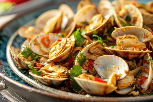 Spicy stir fried clams on a plate photo