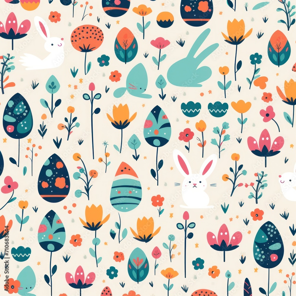 A vibrant and playful easter-themed pattern including cute rabbits, decorative eggs, and spring flowers A vibrant and playful easter-themed pattern including cute rabbits, decorative eggs, and spring flowers