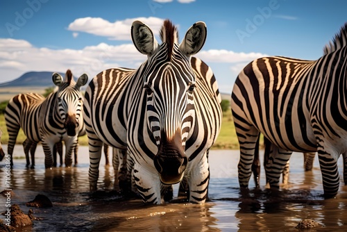 A group of zebras congregating around a watering hole  their distinctive stripes contrasting against the grassland.