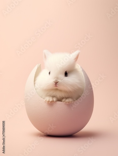 A fluffy white bunny hamster cozily nestled inside a beige eggshell against a soft pink background © Glittering Humanity