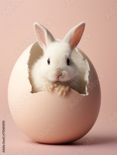Adorable white bunny with ears sticking out from a broken eggshell on a pink background