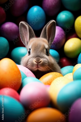 Close-up of a cute bunny rabbit peeking through a collection of vibrantly colored easter eggs