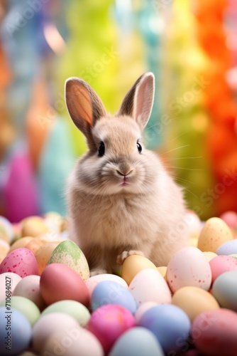A delightful rabbit sits amidst a bed of pastel easter eggs against a backdrop of vivid colors