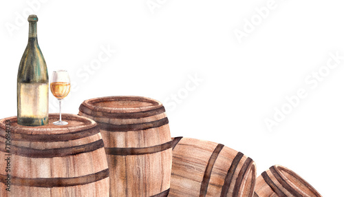A group of wooden old barrels with bottle and glass white wine. Watercolour hand draw food illustration isolated on white background. Wine making template for banner, card, drink menu, wine list print photo