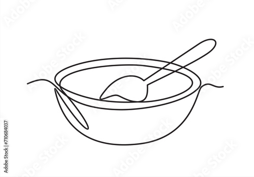 Continuous one single line of a soup with spoon food concept in silhouette on a white background. Linear stylized.