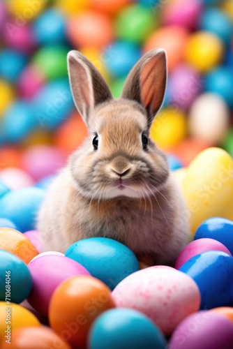 Inviting image of a bunny rabbit with a backdrop of brightly colored easter eggs in soft focus © Glittering Humanity