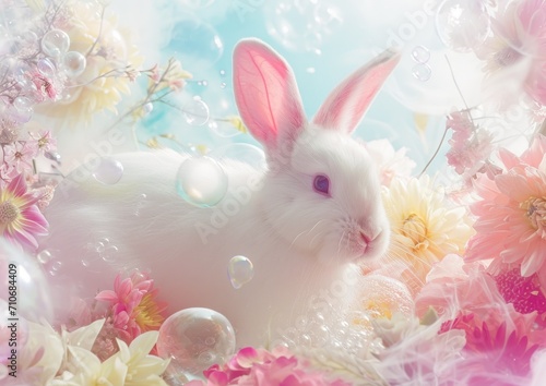 A white rabbit in a dream-like fantasy setting with pastel flowers and bubbles