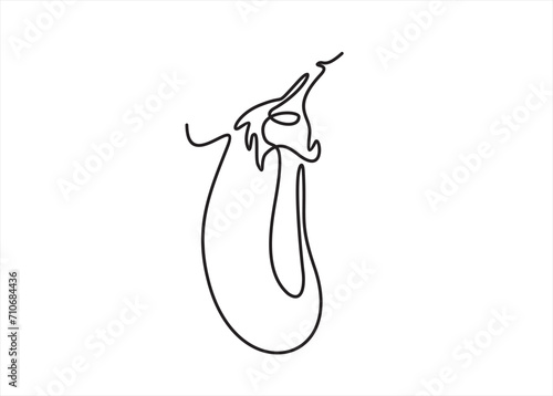 Continuous one line drawing eggplant. Vector illustration. Black line art on white background. Cartoon eggplant isolated on white background. Vegan concept