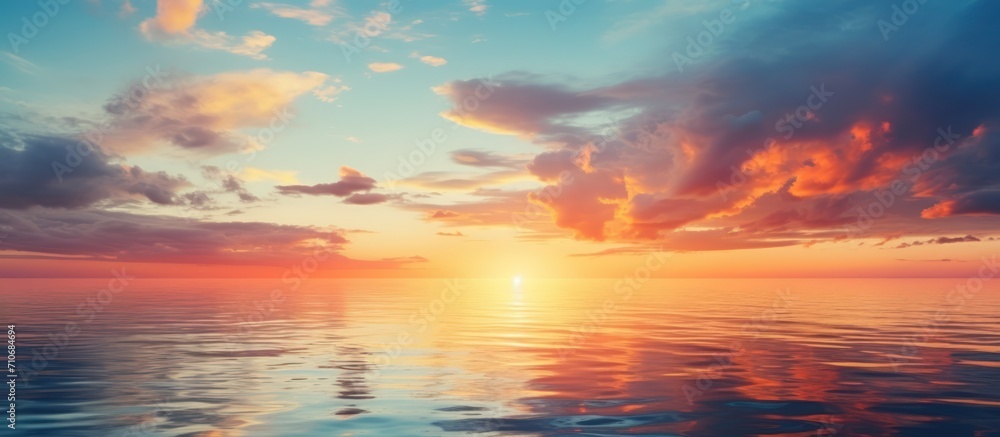 Beautiful landscape scene of seascape at sunset with cloudy sky view. Generate AI image - obrazy, fototapety, plakaty 