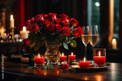 Two glasses champagne and candle on the table of Valentines Day