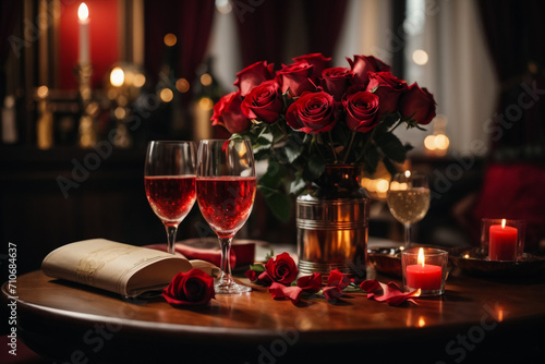 Two glasses champagne and candle on the table of Valentines Day