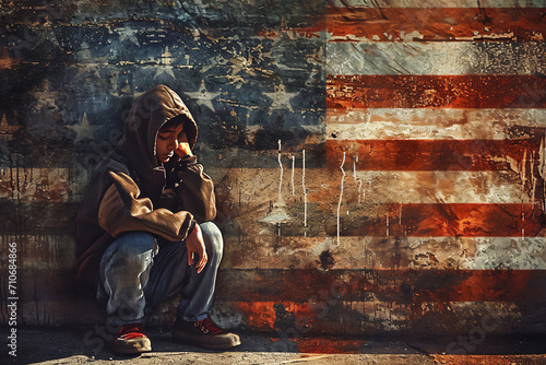 Poverty in the USA showing a homeless underprivileged teenage boy in America with a distressed flag in the background outlining how his country has abandoned him, stock illustration image  photo