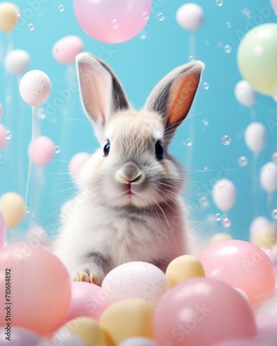 Adorable rabbit sitting among multicolored pastel eggs surrounded by soap bubbles against a blue backdrop