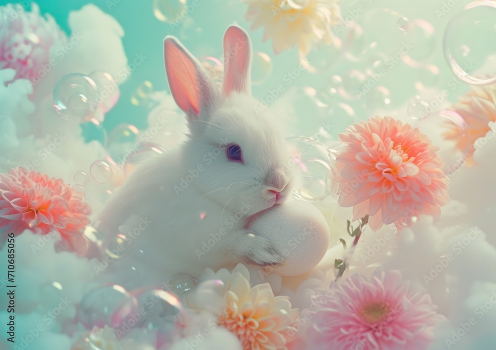 Obraz premium A delightful rabbit holding an egg, nestled in a soft pastel garden of flowers, creating a tender easter scene