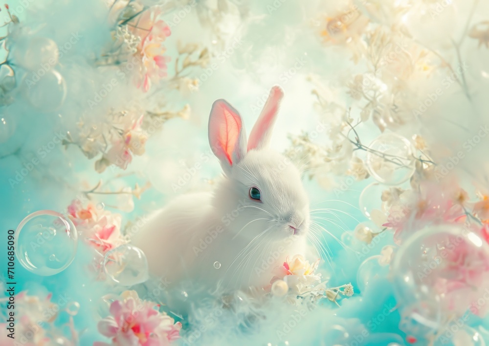 Enchanted scene of a cute rabbit surrounded by dreamy blossoms and transparent bubbles on a pastel background Enchanted scene of a cute rabbit surrounded by dreamy blossoms and transparent bubbles on a pastel background