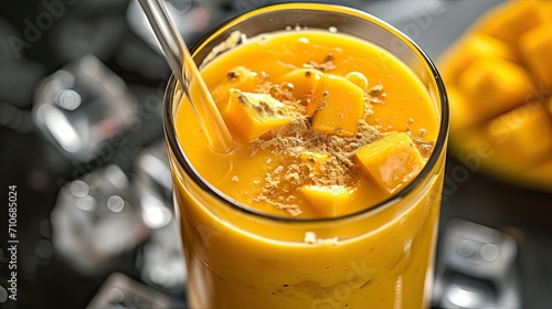 Mango lassis with mango and ice cubes, refreshing traditional Indian yogurt fruit smoothie drink for summer heat