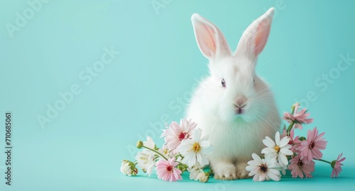 A pure white rabbit sitting among soft pink and white flowers, contrasted with a calm turquoise background