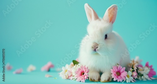 Cuddly white bunny posing with an assortment of fresh spring flowers on a bright blue backdrop © Glittering Humanity
