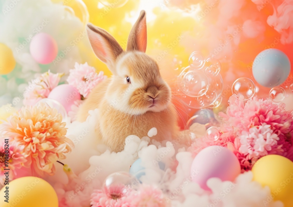 A charming brown rabbit sits among a vibrant array of flowers and playful bubbles in a spring setting
