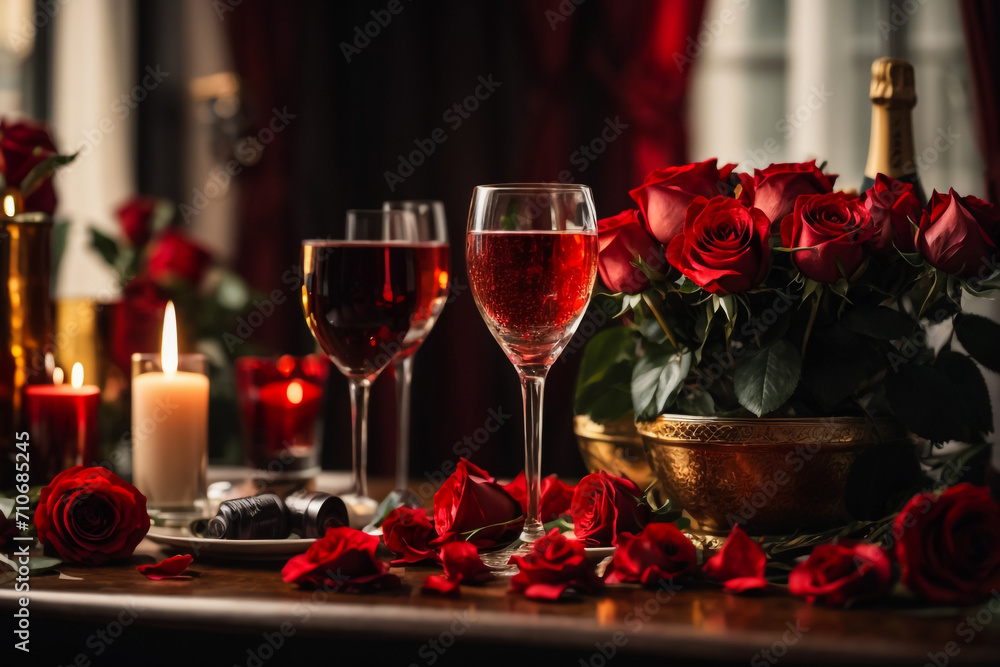 Two glasses champagne and candle on the table of Valentines Day Two glasses champagne and candle on the table of Valentines Day