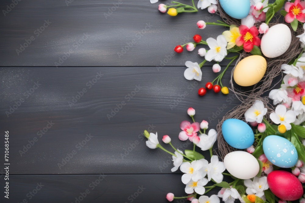 Stylish dark wooden background adorned with a vibrant collection of easter eggs and spring flowers, offering a holiday theme
