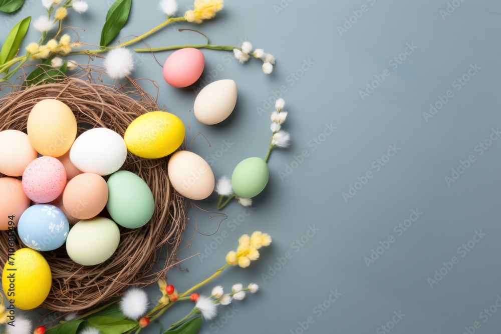 Softly colored pastel easter eggs nestled inside a natural bird's nest on a cool grey background convey a sense of spring renewal Softly colored pastel easter eggs nestled inside a natural bird's nest on a cool grey background convey a sense of spring renewal