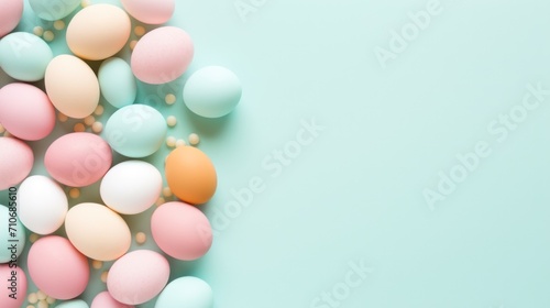 A collection of pastel-colored easter eggs arranged on a soft light blue background with space for text